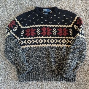 Polo By Ralph Lauren Wool And Silk Gray Red White Knit Fairisle Sweater XL